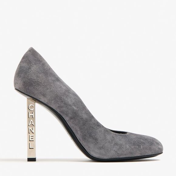 CHANEL Shoes - Chanel Logo Embossed Metallic High Heel Grey Suede Pumps EU 39 US 8-8.5